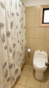 a bathroom with a toilet and a shower curtain at Eco-Bungallow in Puerto Natales