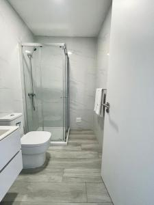 T1 Espaçoso e aconchegante no Medsal Residence في Prainha: حمام مع دش زجاجي ومرحاض