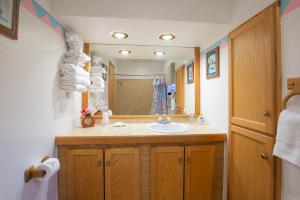 a bathroom with a sink and a mirror at Cascade Motel in Oakridge