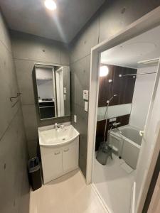 a bathroom with a sink and a toilet and a mirror at REVISION Ebiyama-tei - Vacation STAY 15811 in Hiroshima