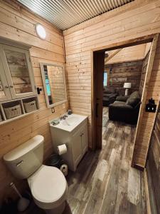 une salle de bain avec toilettes et lavabo dans l'établissement The Rustic Ave Red River Gorge, 