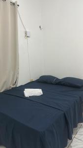 a bed with a blue blanket and a lamp at Primeiro andar charmoso in Maragogi