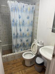 a bathroom with a toilet and a shower curtain at Hotel Chehueque in Vallenar +40 photos