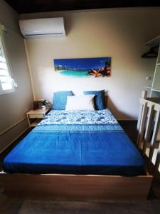 een slaapkamer met een blauw bed met een schilderij aan de muur bij Villa Goyave in Le Robert