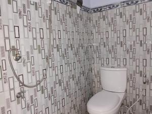 a bathroom with a toilet and a shower curtain at Den Bagus Bromo in Ngadisari