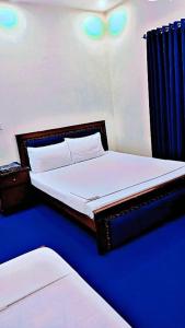 a bedroom with a bed with a blue floor at Perfect Lodge Guest House in Islamabad