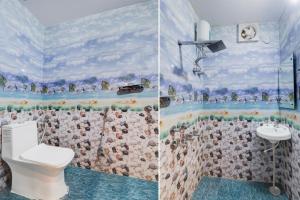 two pictures of a bathroom with a toilet and a mural at Super Hotel O Deva Road Chinhat Formerly 24 Stays in Gomti Nagar