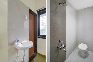 two pictures of a bathroom with a sink and a toilet at Hotel O Sai Teerth Theme Park Formerly Sai Dhanlaxmi in Shirdi