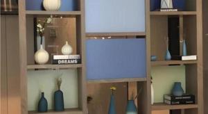 a shelf with blue and white vases on it at City Comfort Inn Hefei Railway Station Metro Station in Hefei +47 photos