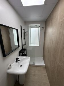 a white bathroom with a sink and a shower at Casa ARANAL in Málaga