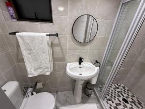 a bathroom with a sink and a toilet and a mirror at The Benjamin Guest House in Edenvale