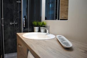 a bathroom sink with a remote control on a counter at Apartament 1Maja in Koszalin