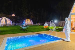 a person standing next to a swimming pool at night at Dream Dome Glamping Studio Ichihara in Ichihara