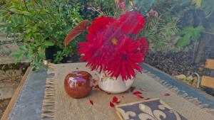 una flor roja en un jarrón blanco sobre una mesa en A la LampePigeon, un monde à part avec jardin et du calme, 3 min de la Ferté-sous-Jouarre, 42 min de Paris TER, 35 min de Disney, 10 min de l'A4, en Reuil-en-Brie