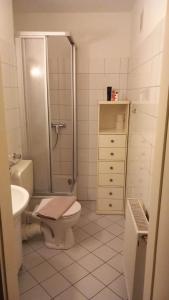 ケルンにあるTop Apartment 200 Meter zum Rheinauhafenのシャワー、トイレ、洗面台を備えたバスルーム