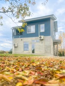 a blue house with a pile of leaves in front of it at The Kokage in Nakafurano +187 photos