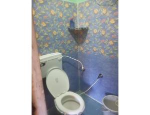 a bathroom with a toilet in a blue wall at Nk brothers,Joshimath in Joshīmath