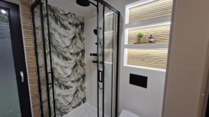 a bathroom with a shower and a glass door at Domek z widokiem Wilczy Jar in Jarnołtówek +12 photos