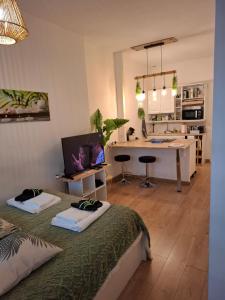 ein Zimmer mit zwei Betten und einem Schreibtisch und einer Küche in der Unterkunft La Casita - Gare Saint-Roch - Clim - Wi-Fi - TV in Montpellier