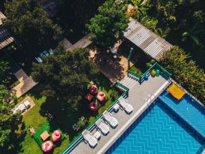 an aerial view of a swimming pool with chairs and trees at The River khaosok in Khao Sok