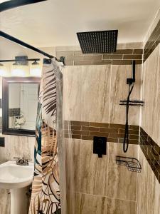 a bathroom with a shower and a sink at Maxine Manor in Douglasville