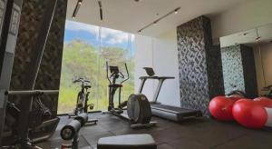 Camp John HayにあるThe Plaza Lodge Baguioのジム(自転車、エクササイズ機器付)、大きな窓