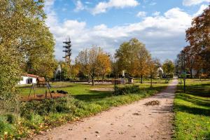 uma estrada de terra num parque com um moinho de vento ao fundo em Evin's Apartment em Kehl am Rhein