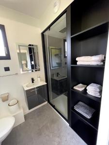 une salle de bain avec douche et lavabo dans l'établissement La Tiny Boisée, à Saulzoir