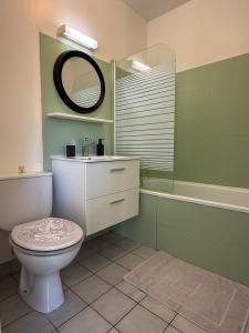 a bathroom with a toilet and a mirror at Studio avec jardin et parking in Chartres