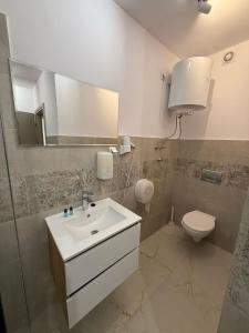 ラドムにあるHotel Kameralny TMの洗面台、トイレ、鏡のあるバスルーム +21枚の写真