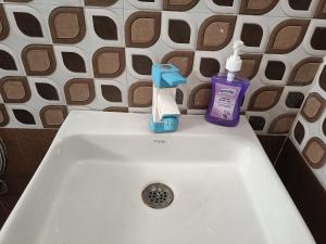 een wastafel met een tandenborstel en een fles tandpasta bij Hotel Stay Inn in Noida +1 foto