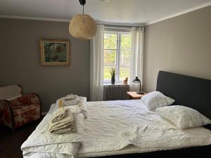 a bedroom with a bed with pillows and a window at Tranås Vandrarhem in Tranås