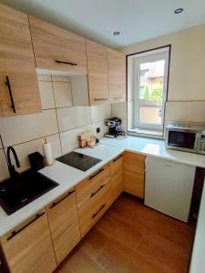 シュツァブニツァにあるWilla Safra Szczawnicaの小さなキッチン(木製キャビネット付)、窓