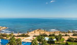 une vue aérienne de la plage et de l'océan dans l'établissement Seaview Horizon, à Punta Prima