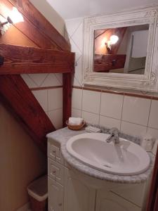 une salle de bain avec un lavabo et un miroir dans l'établissement L'Albarande, à Saint-Rambert-en-Bugey 17 autres photos