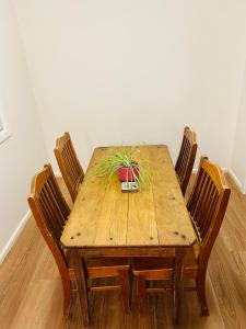 une table en bois avec des chaises et une plante en pot. dans l'établissement Creswell Street Cottage, à West Wyalong 4 autres photos