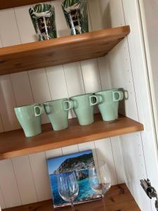 een rij groene kopjes en wijnglazen op een plank bij Holzliebe mit Donaublick in Kaisheim