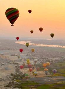 a group of hot air balloons flying in the sky at Princess Square Hotel in Luxor