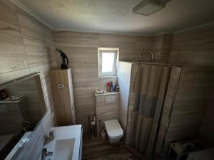a small bathroom with a toilet and a shower at Holiday home in Mitrovicë +12 photos