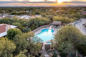- une vue sur la piscine d'un complexe arboré dans l'établissement Exclusive Boulders Retreat near Downtown Cave Creek hiking scenic views., à Cave Creek