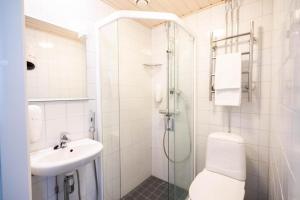 a bathroom with a shower and a toilet and a sink at Nature Hotel Kuutti in Savonlinna +13 photos