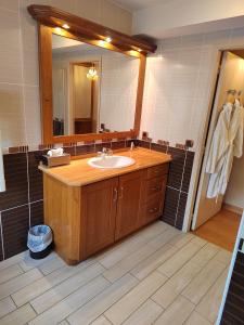 een badkamer met een wastafel en een grote spiegel bij Hôtel Restaurant Le Bretagne in Huelgoat