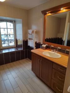 een badkamer met een wastafel en een spiegel bij Hôtel Restaurant Le Bretagne in Huelgoat +6 foto's