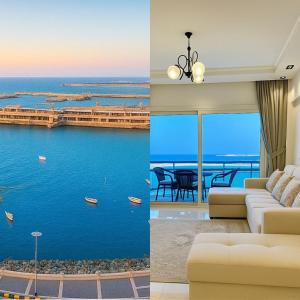 two images of a living room with a view of the ocean at ALEX HOMES - Gleem Luxury Apartments with Direct Sea View in Alexandria