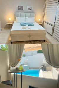 ein Schlafzimmer mit einem Bett und einem Swimmingpool in der Unterkunft Apartman Safir 1 & Apartman Safir 2 & Apartman Safir 3 in Kruševac