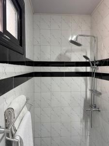 ein weiß gefliestes Bad mit einer Dusche und Handtüchern in der Unterkunft Hôtel Phoenicia in Brazzaville + 35 Fotos