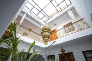 a ceiling light in a room with plants at Riad Dekkak - Traditional Private Riad in Marrakesh