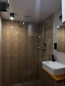 a bathroom with a sink and a glass shower at Pokój z antresolą in Chełmno