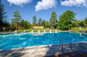 una grande piscina con sedie e alberi di Hotel Residence Club Primula a Pescasseroli