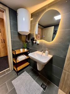 a bathroom with a sink and a mirror at Titik Apartments Mavrovo in Mavrovo +13 photos